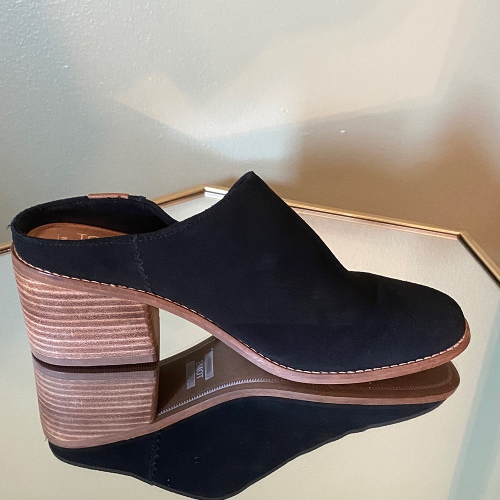 TOMS Black Suede Clogs with Wooden Heel - Picture 8 of 9